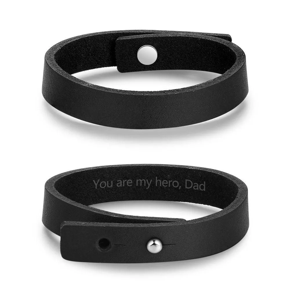 Genuine Leather Trendy Bracelets for Men, Engravable Black Wristbands