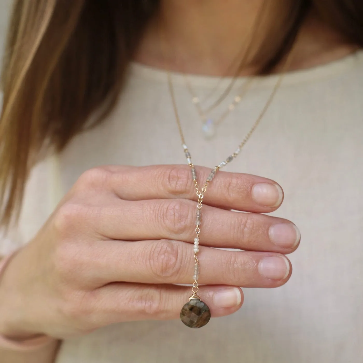 Gold Filled Long "Y" drop Necklace with Labradorite