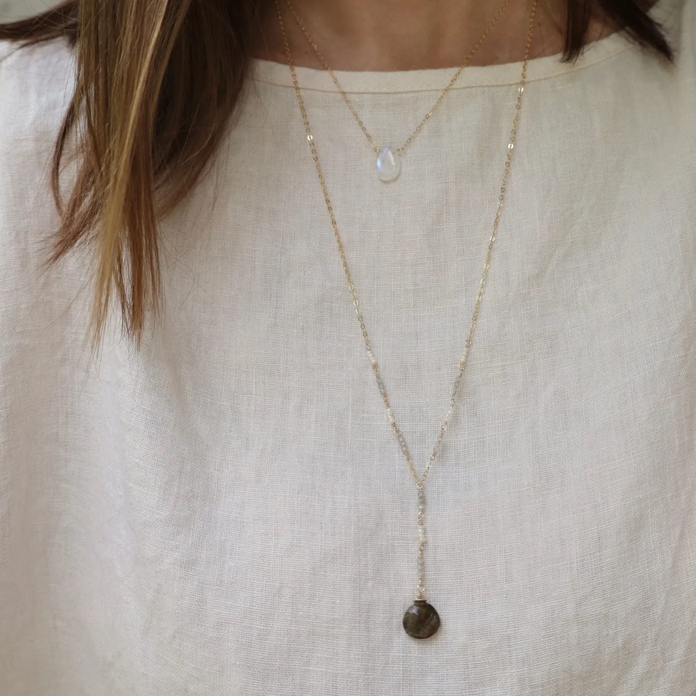 Gold Filled Long "Y" drop Necklace with Labradorite