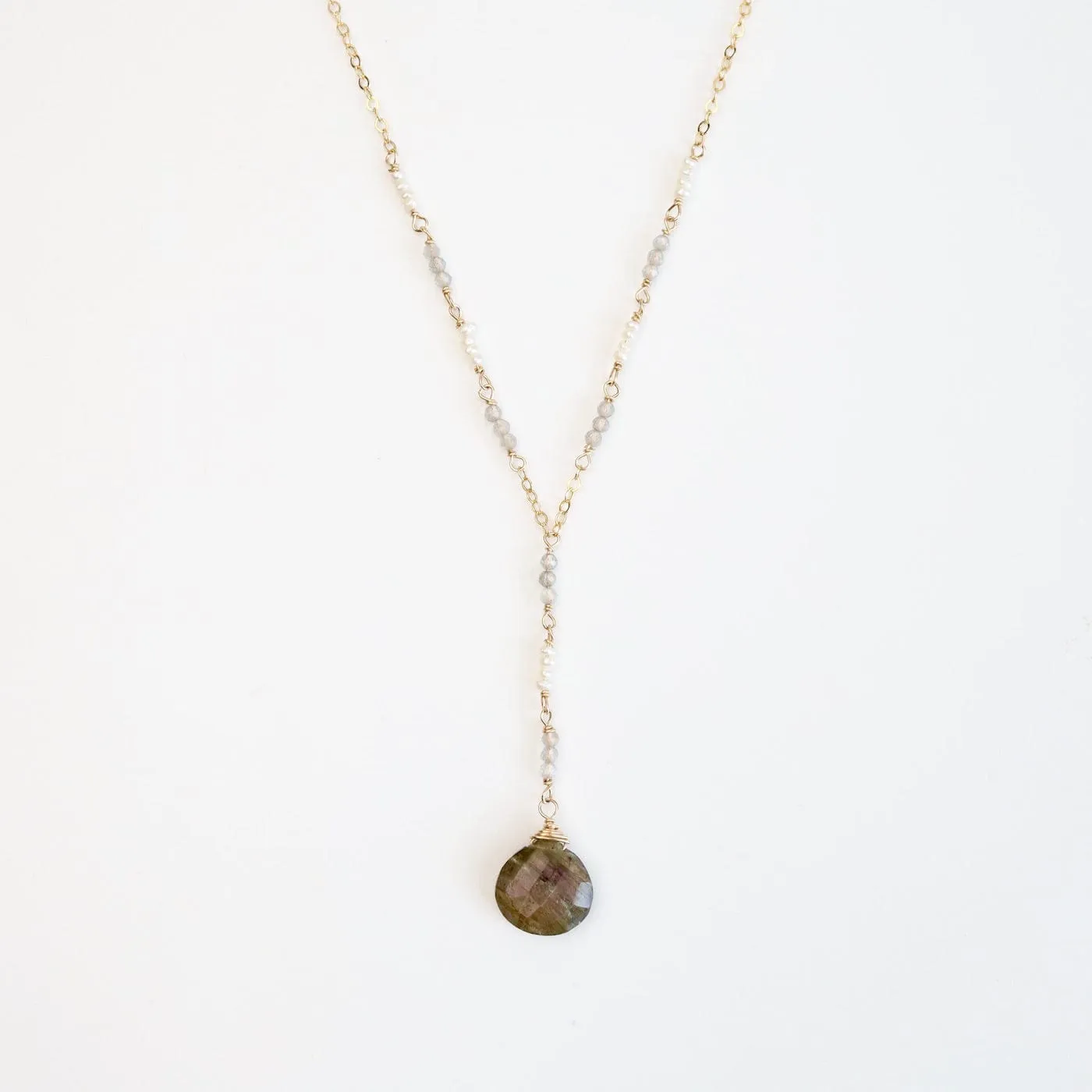 Gold Filled Long "Y" drop Necklace with Labradorite