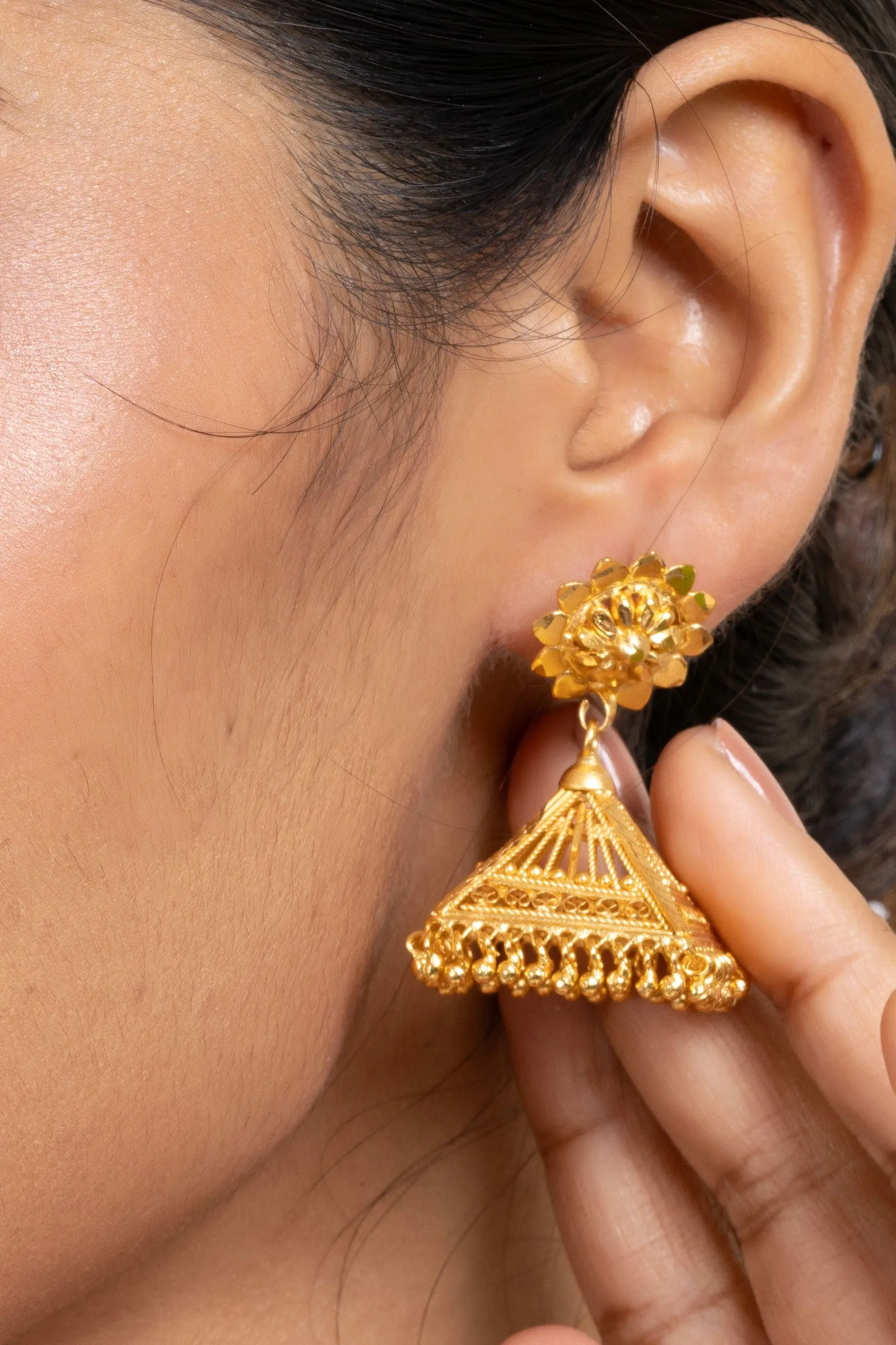 Gold Plated Floral Studs And Pyramid Jhumka Earrings - Exquisite Copper Jewelry