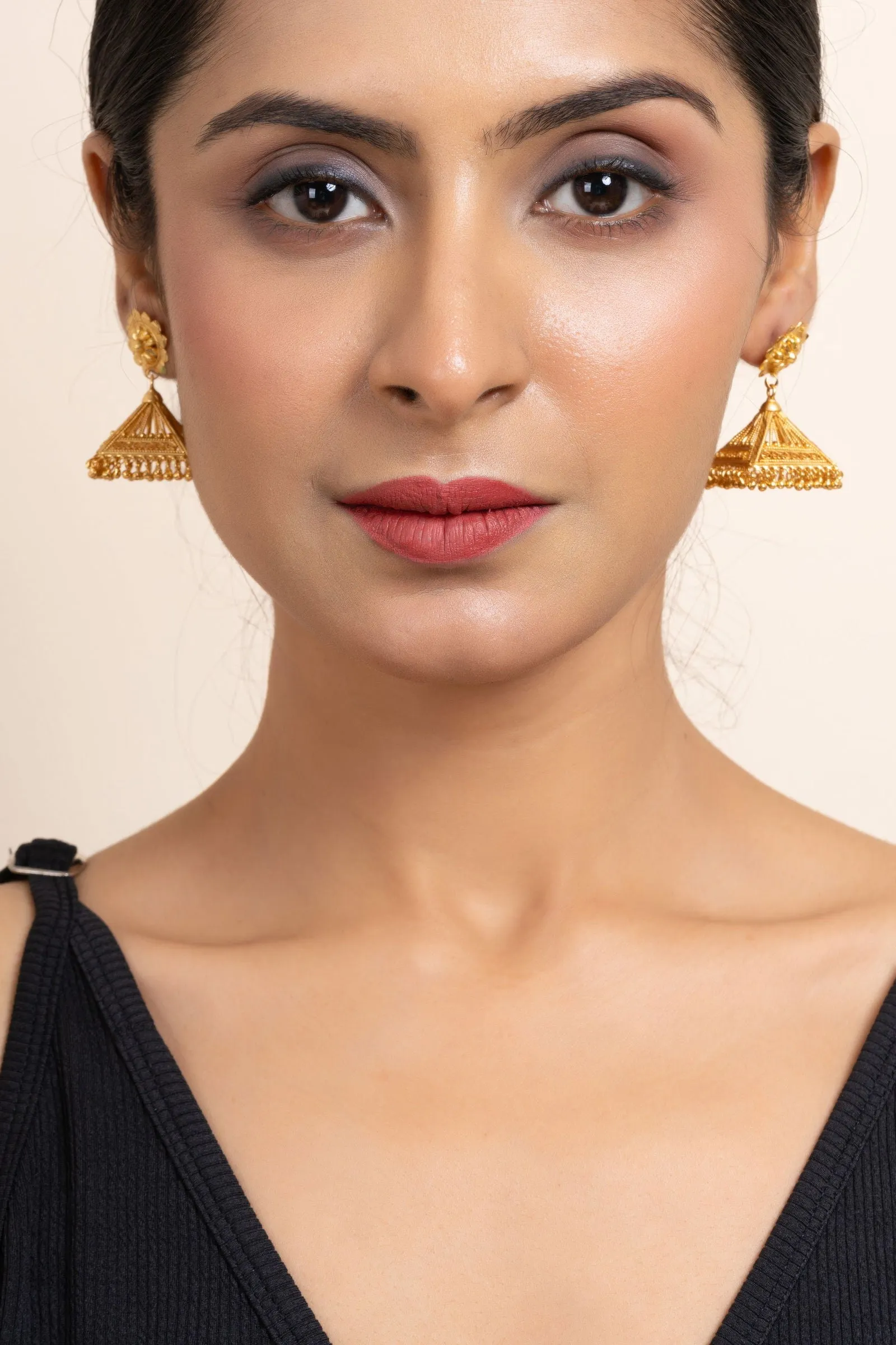 Gold Plated Floral Studs And Pyramid Jhumka Earrings - Exquisite Copper Jewelry