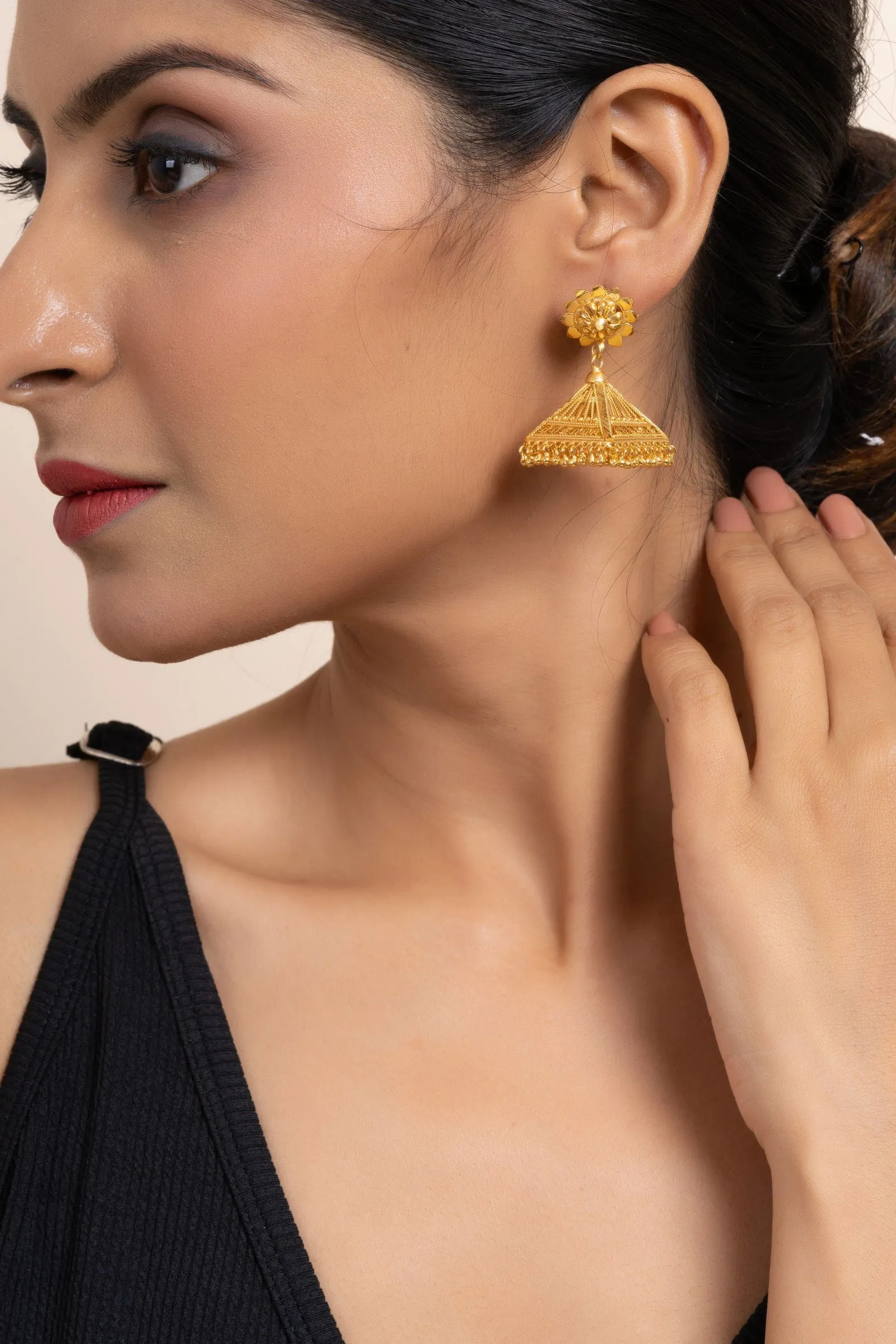 Gold Plated Floral Studs And Pyramid Jhumka Earrings - Exquisite Copper Jewelry