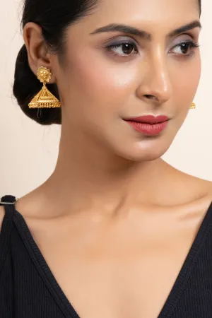 Gold Plated Floral Studs And Pyramid Jhumka Earrings - Exquisite Copper Jewelry