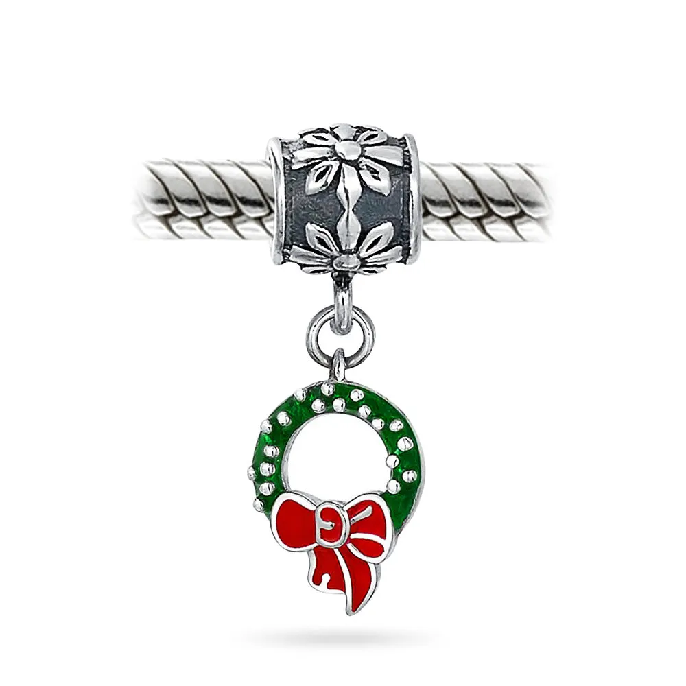 Green Wreath Christmas Charm Bead with Red Bow Enamel Sterling Silver for Bracelets