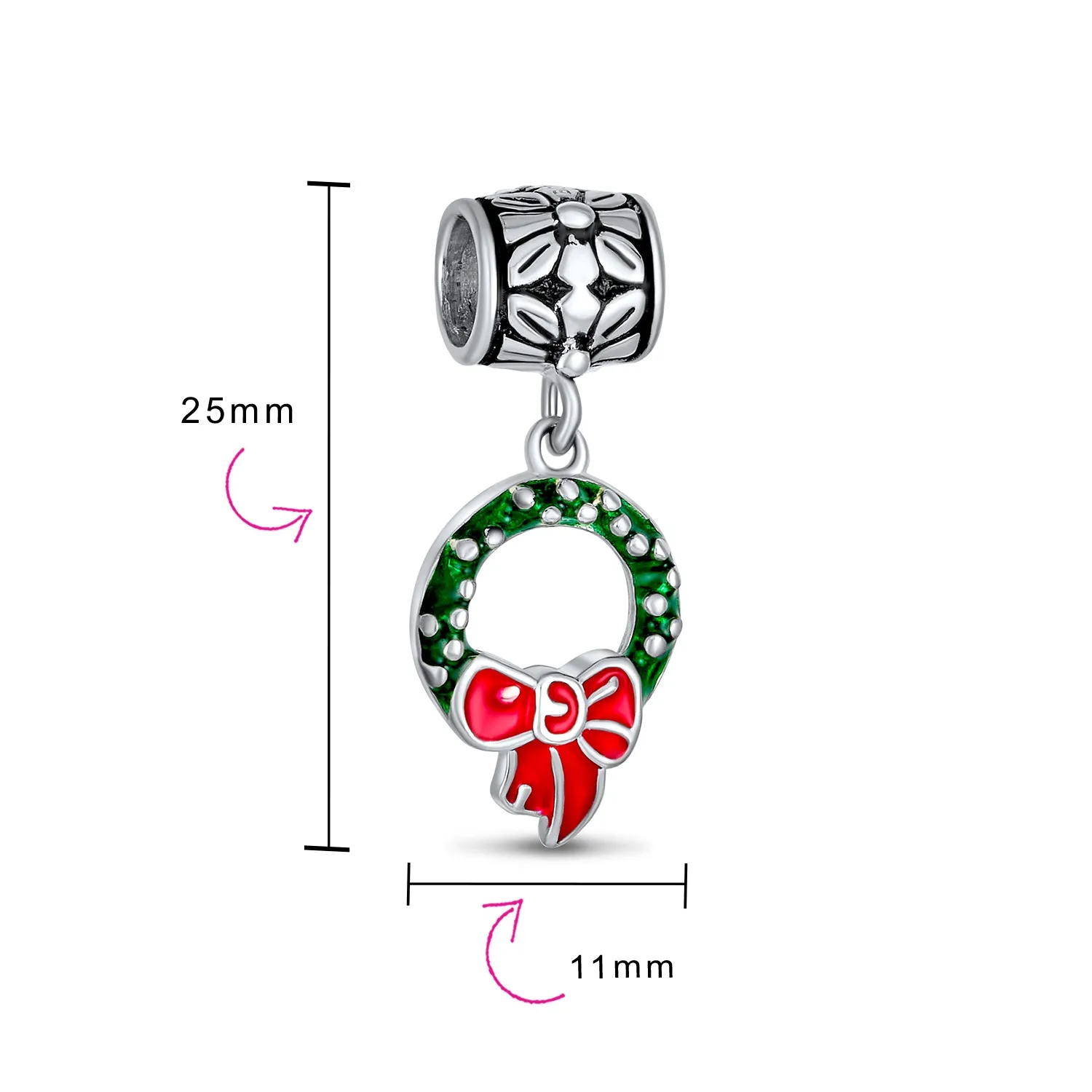 Green Wreath Christmas Charm Bead with Red Bow Enamel Sterling Silver for Bracelets