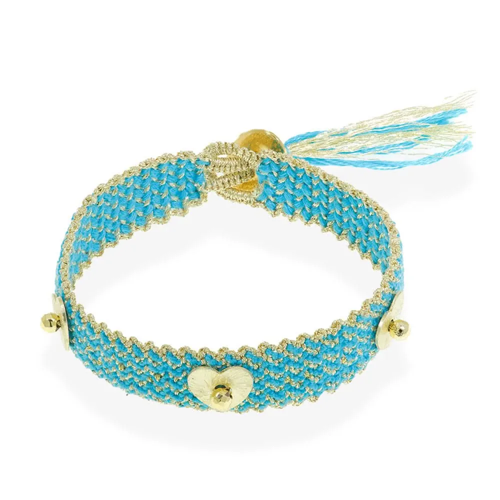 Handmade Macrame Turquoise Gold Bracelet With Gold Plated Silver Hearts