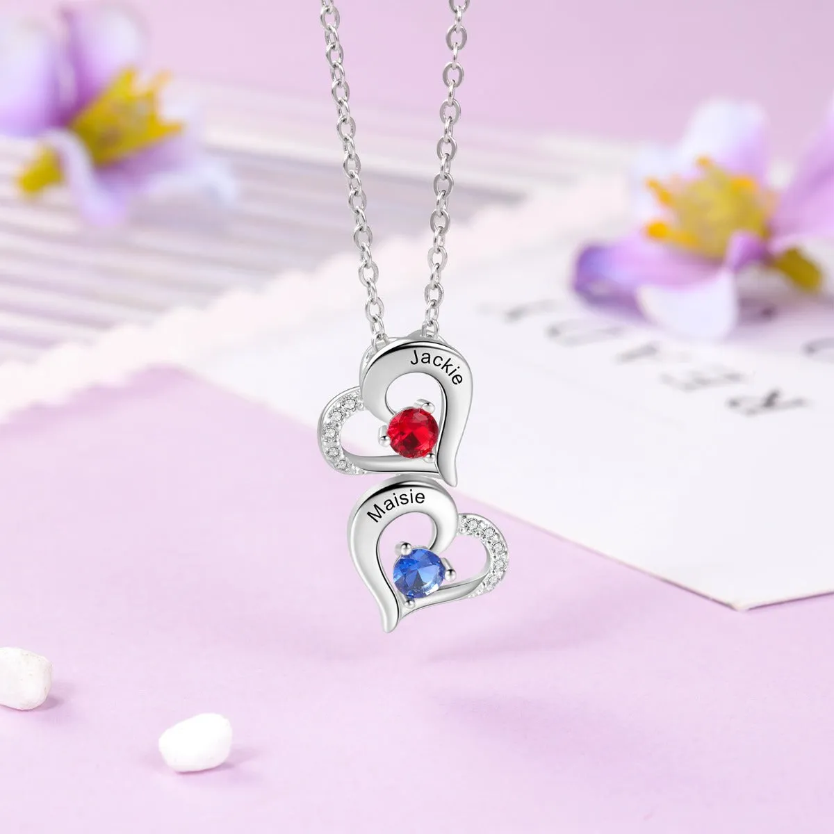 Hearts Pendant Necklace with Birthstones