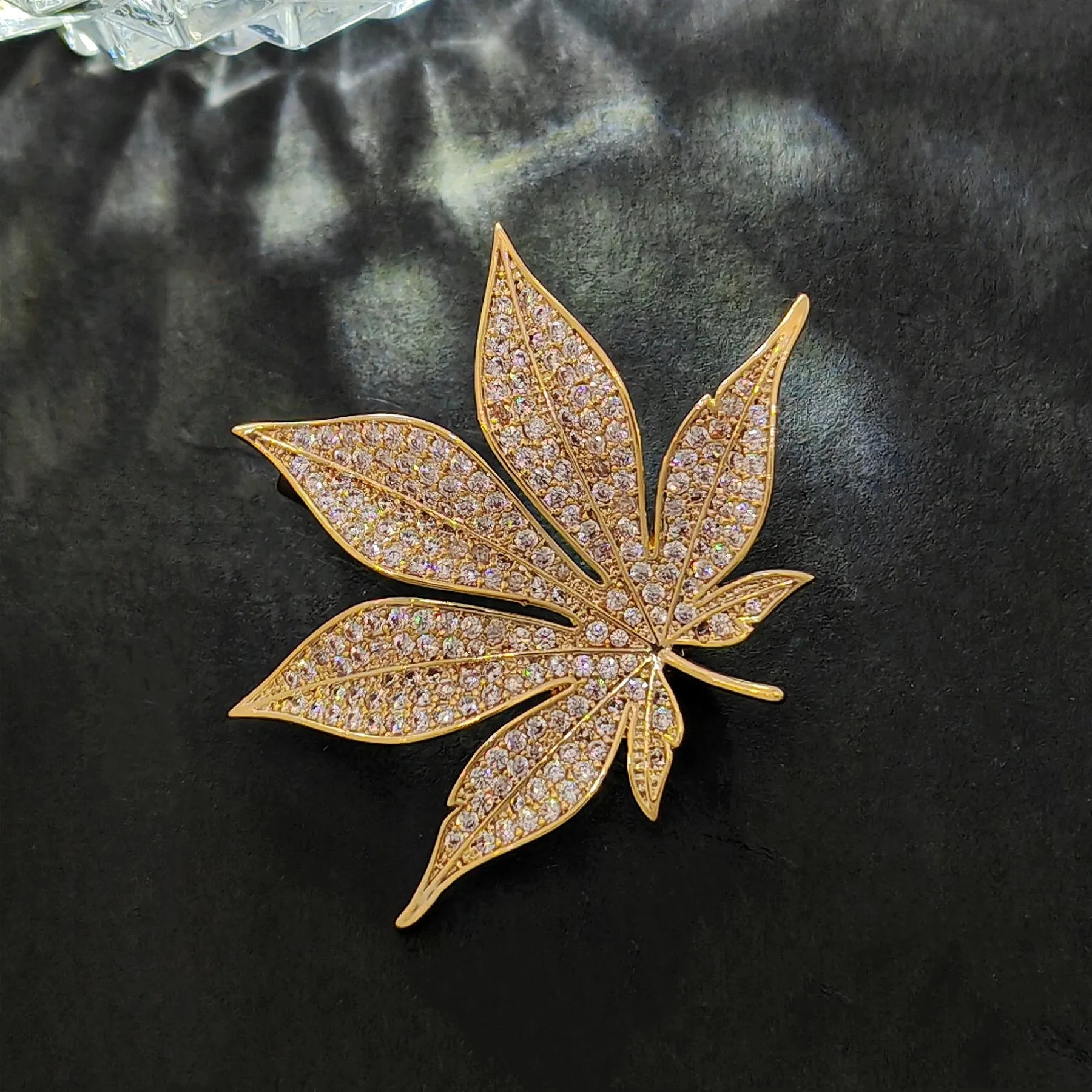 Jewelblings Shiny Gold Tone Full Pave CZ Maple Leaf Brooch and Pins Vintage Palm Alm Shaped Jewelry for Unisex Sweater Coat Costume Hat Bag