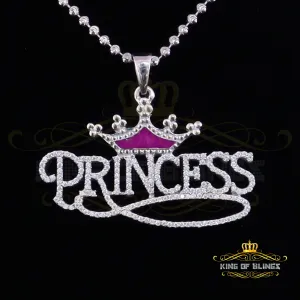 King Of Bling's 3ct Real Moissanite 925 Silver PRINCESS with Pink Enamel crown White Pendant