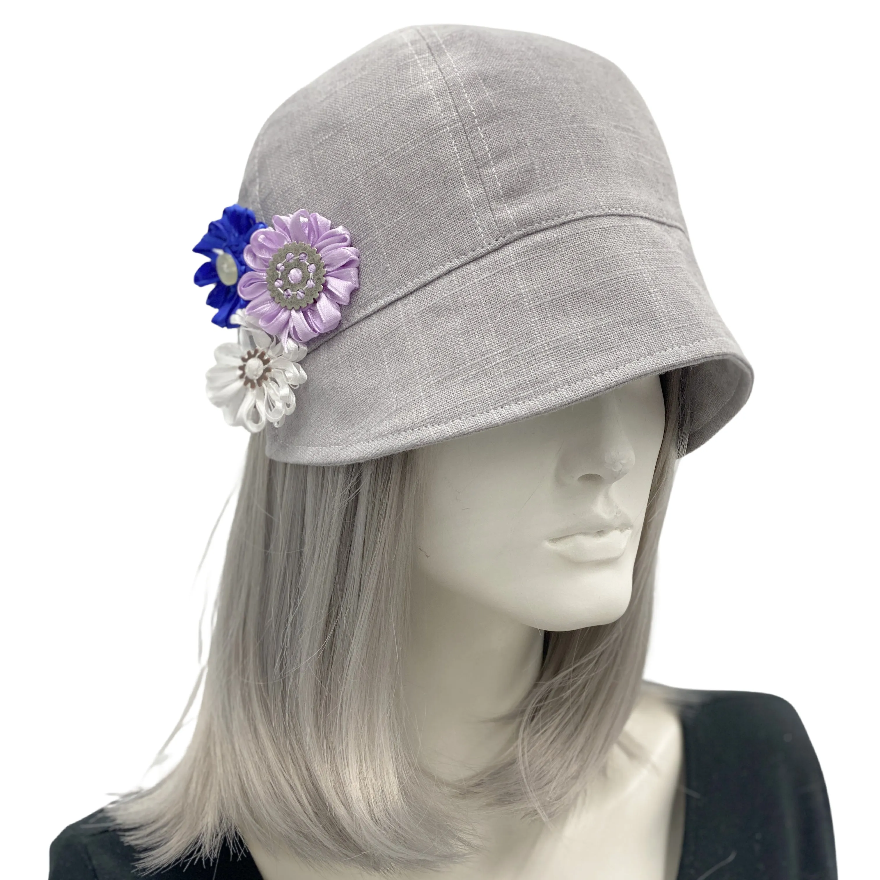 Linen Cloche Cap with Three Ribbon Flowers | The Polly