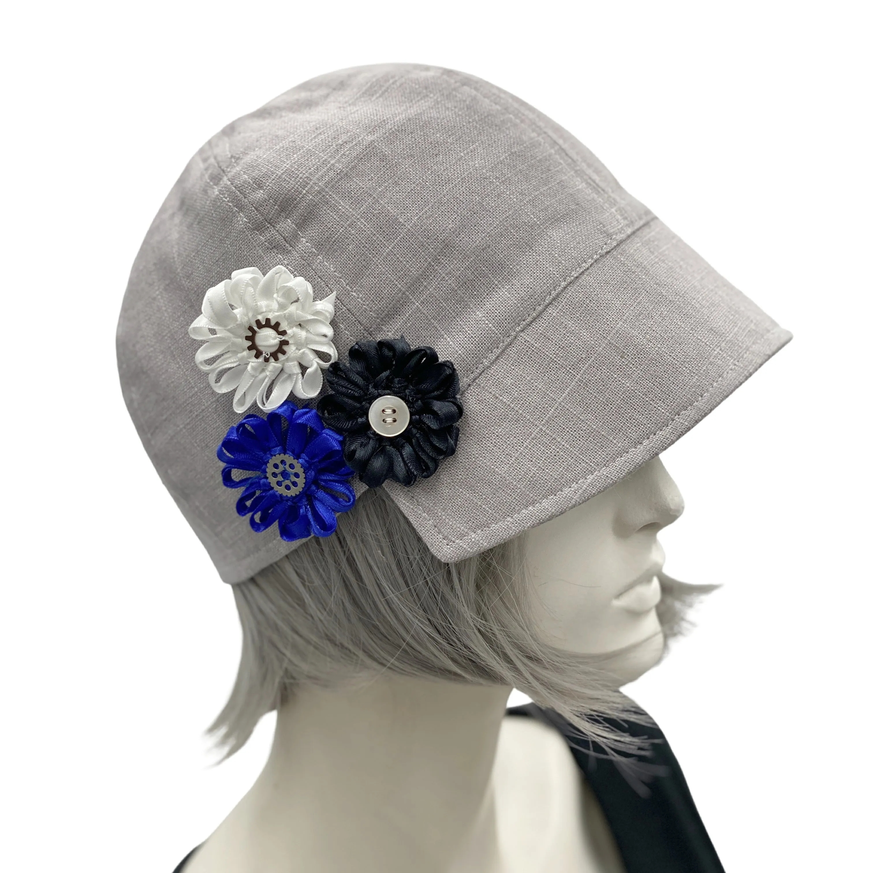 Linen Cloche Cap with Three Ribbon Flowers | The Polly