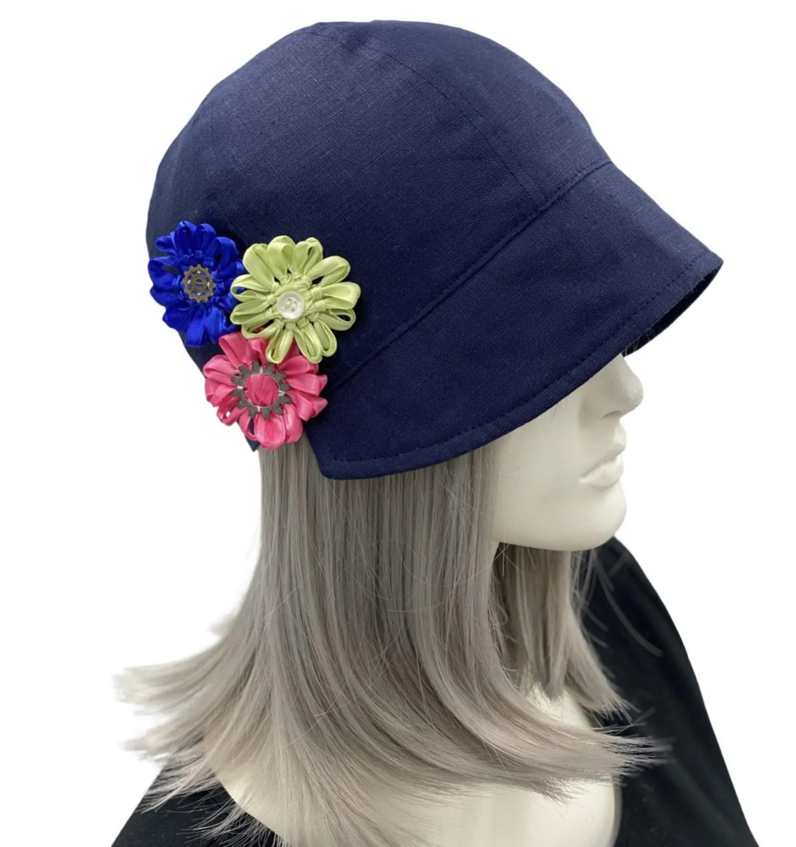 Linen Cloche Cap with Three Ribbon Flowers | The Polly