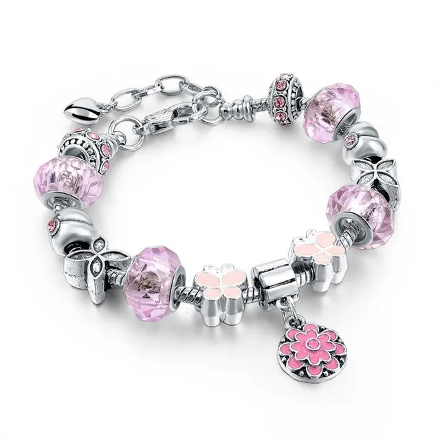 LongWay Silver Color DIY Jewelry Flower Beads Charm Bracelet Femme With Murano Pink Glass&Crystal Beads Gifts SBR160073