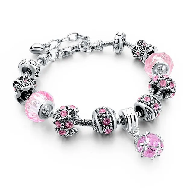 LongWay Silver Color DIY Jewelry Flower Beads Charm Bracelet Femme With Murano Pink Glass&Crystal Beads Gifts SBR160073