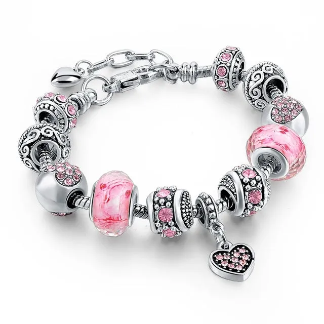 LongWay Silver Color DIY Jewelry Flower Beads Charm Bracelet Femme With Murano Pink Glass&Crystal Beads Gifts SBR160073