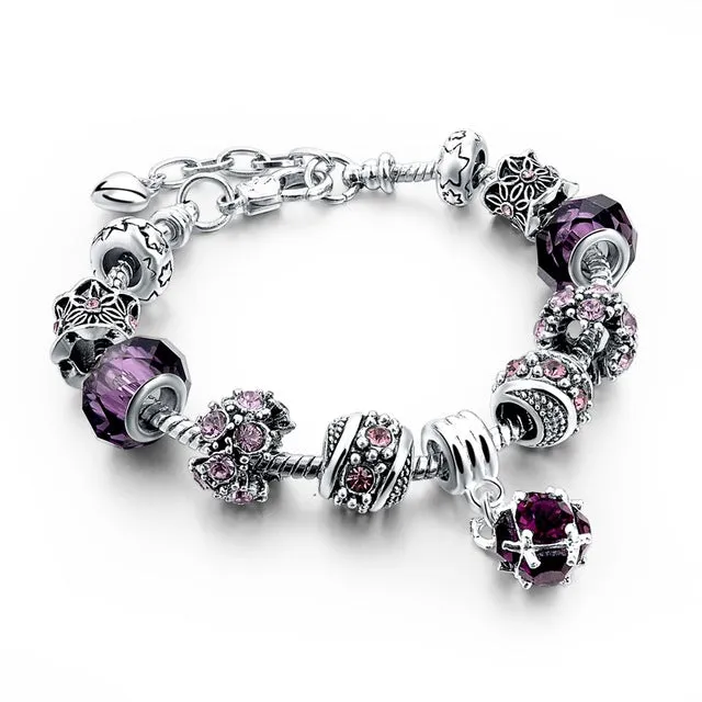 LongWay Silver Color DIY Jewelry Flower Beads Charm Bracelet Femme With Murano Pink Glass&Crystal Beads Gifts SBR160073