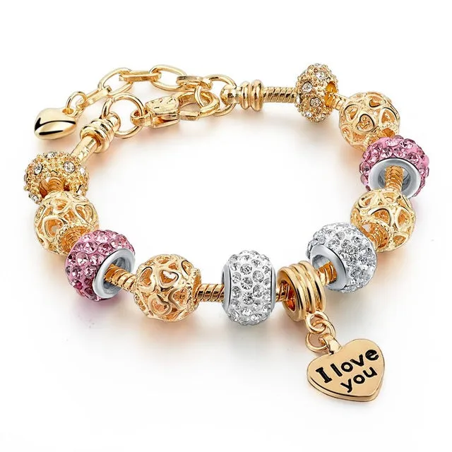 LongWay Silver Color DIY Jewelry Flower Beads Charm Bracelet Femme With Murano Pink Glass&Crystal Beads Gifts SBR160073