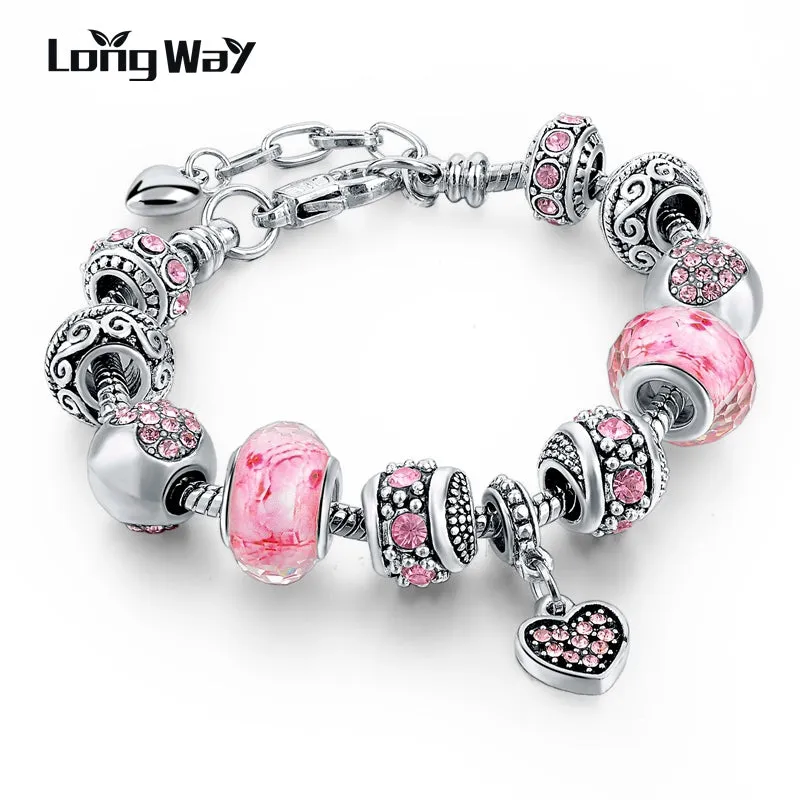 LongWay Silver Color DIY Jewelry Flower Beads Charm Bracelet Femme With Murano Pink Glass&Crystal Beads Gifts SBR160073