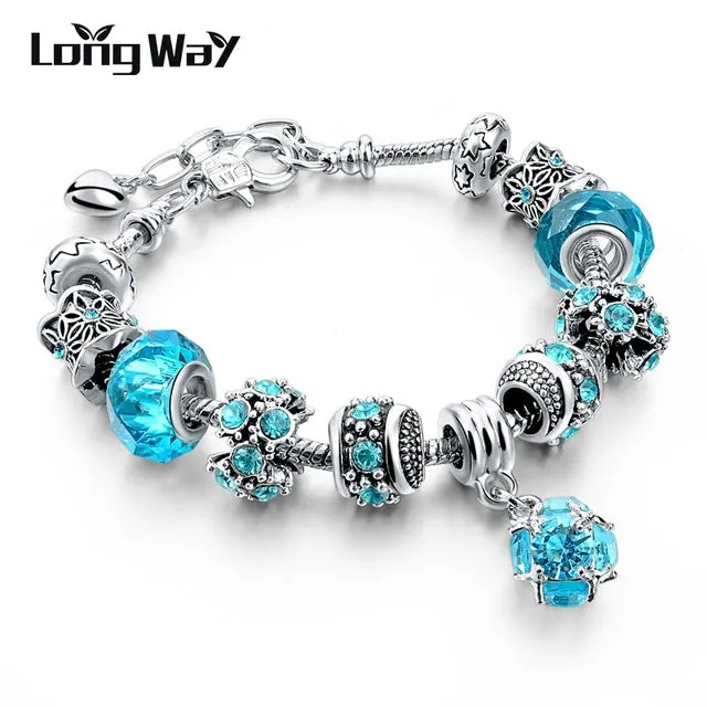 LongWay Silver Color DIY Jewelry Flower Beads Charm Bracelet Femme With Murano Pink Glass&Crystal Beads Gifts SBR160073