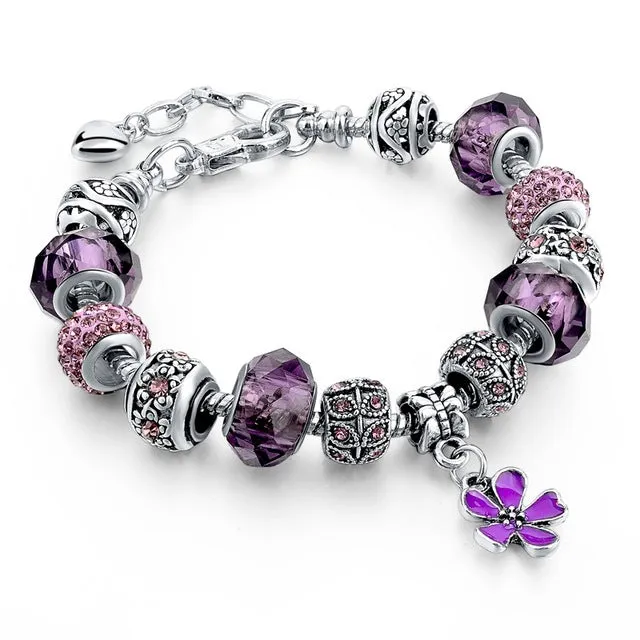 LongWay Silver Color DIY Jewelry Flower Beads Charm Bracelet Femme With Murano Pink Glass&Crystal Beads Gifts SBR160073