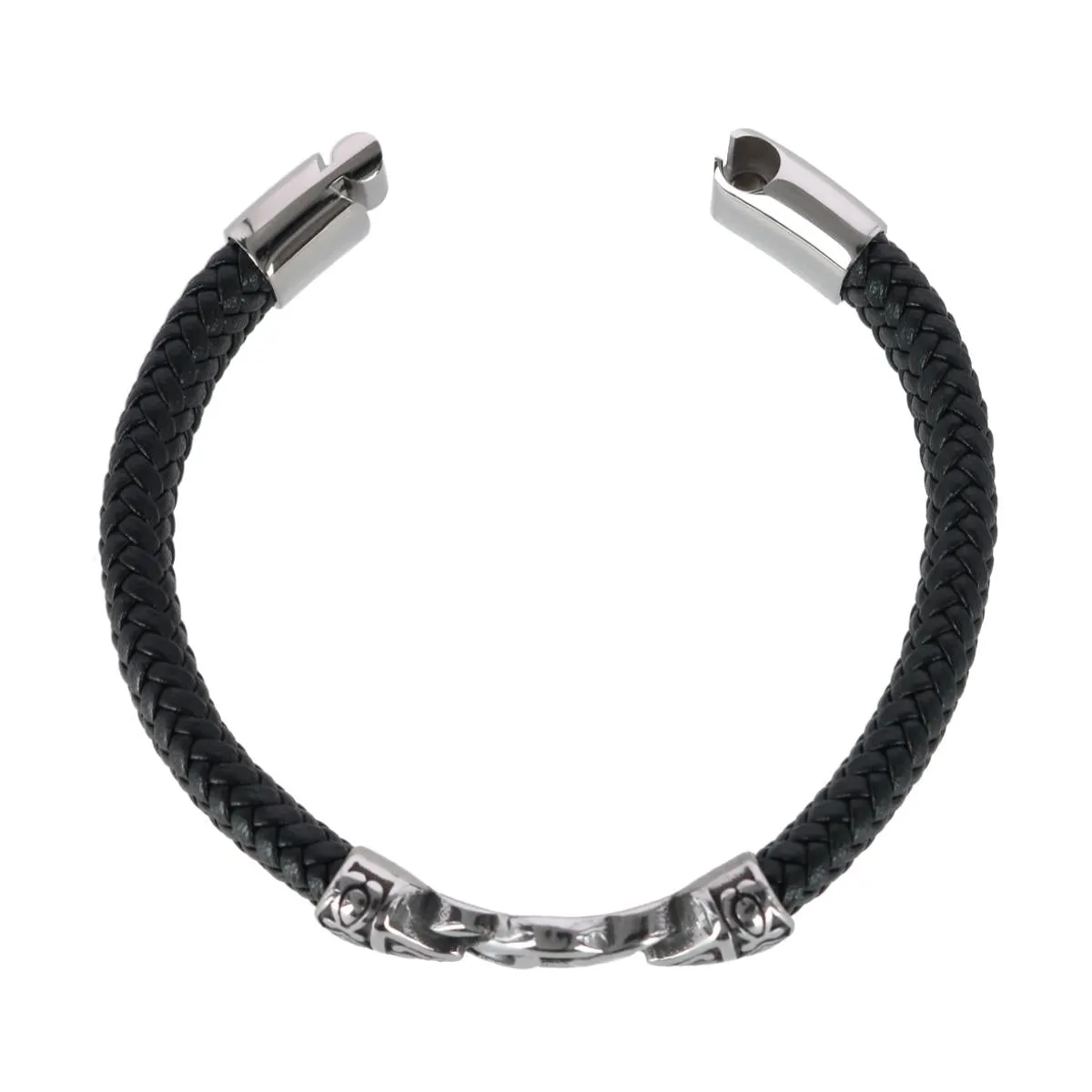 Loose Fit Silver Interlock Pattern on Black Leather Bracelet