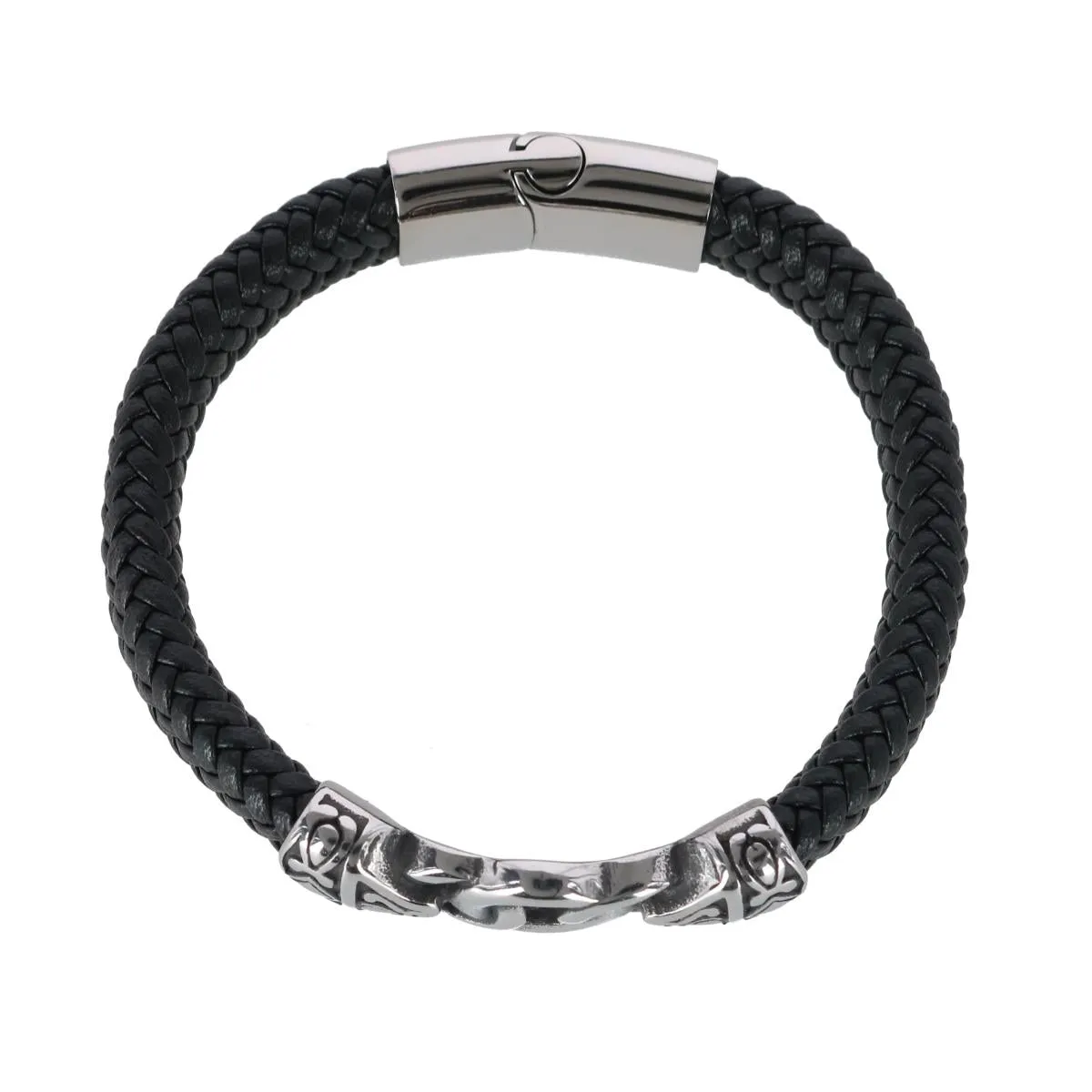 Loose Fit Silver Interlock Pattern on Black Leather Bracelet