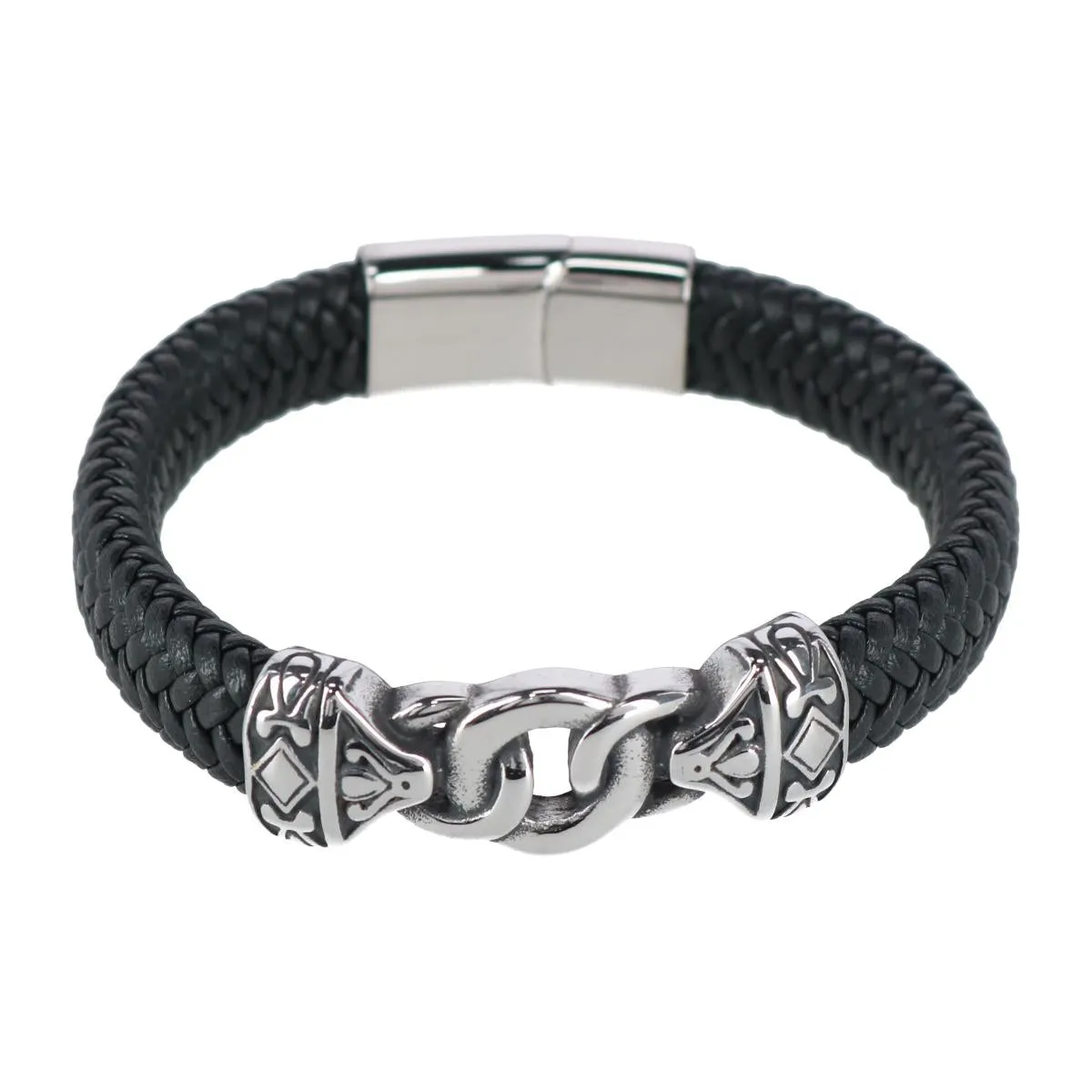 Loose Fit Silver Interlock Pattern on Black Leather Bracelet