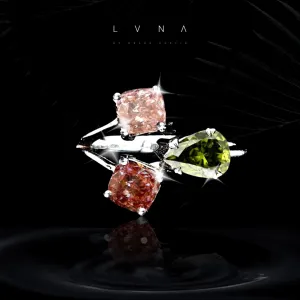 LVNA Signatures Fancy Rare Pink Green Red Colored Cocktail Diamond Platinum Ring