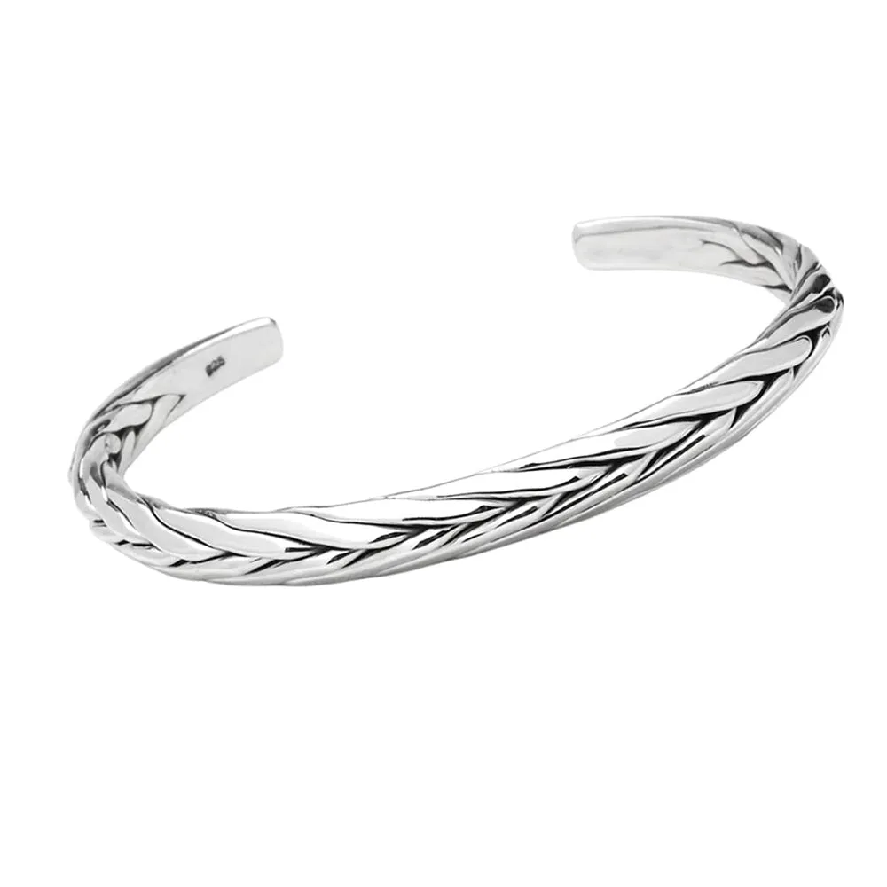 Men's Sterling Silver Bangle Bracelet | Men's Braided Silver Bangle Arm Band Adjustable