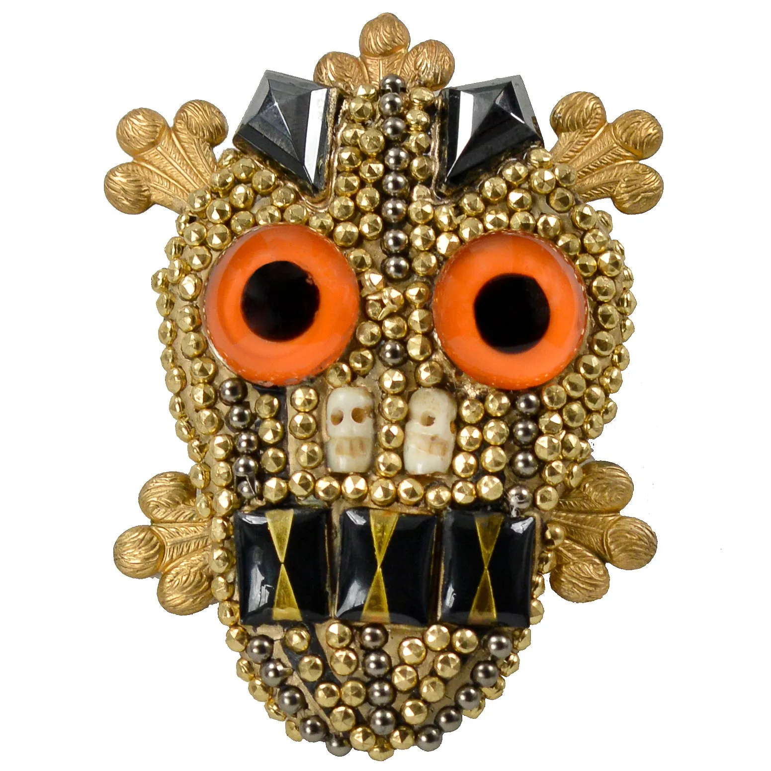 MINADEO ORANGE CAT EYE SKULL BROOCH