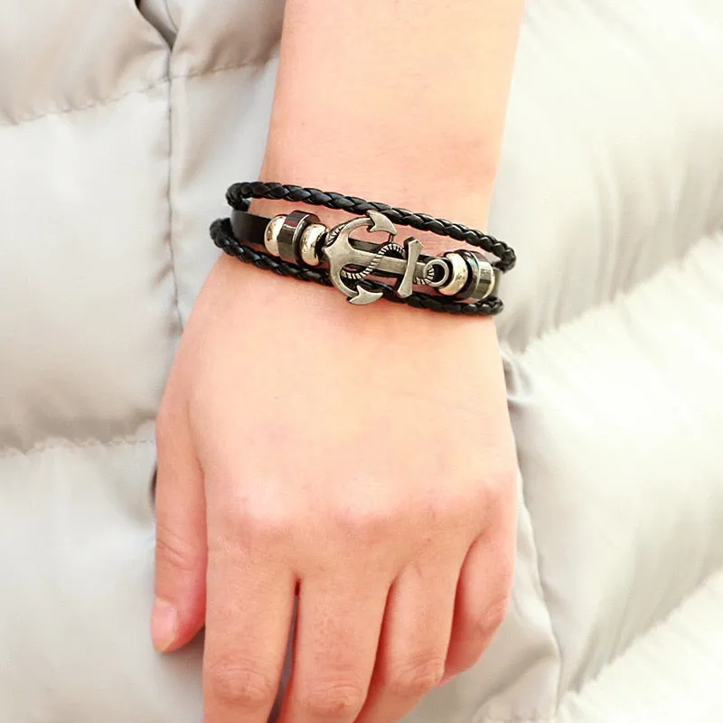 Multi Layer Vegan Leather Bracelet With Anchor