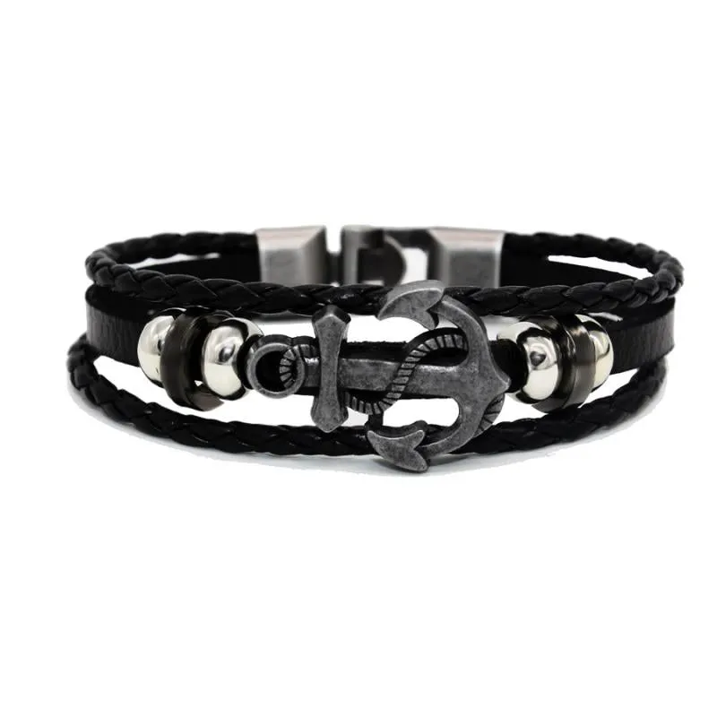 Multi Layer Vegan Leather Bracelet With Anchor