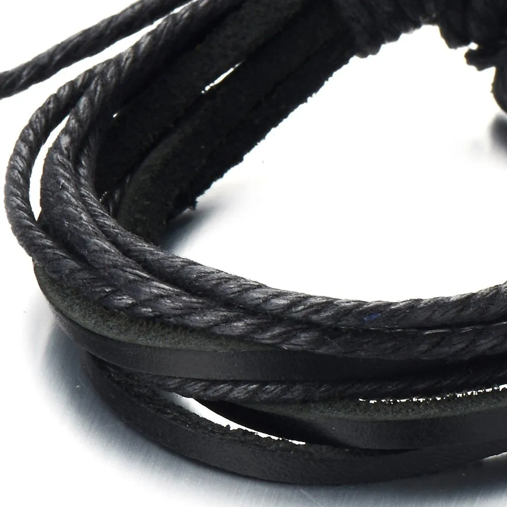 Multi-strand Mens Black Braided Leather Rope Bracelet | Genuine Leather Wristband Wrap Bracelet