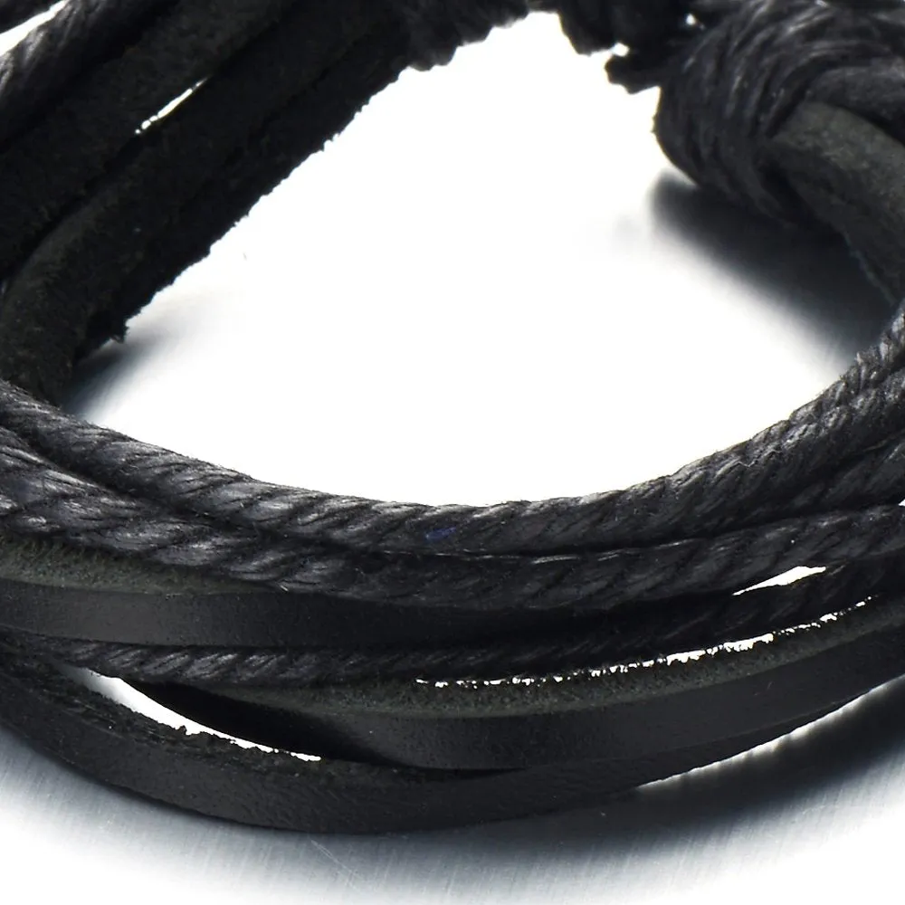 Multi-strand Mens Black Braided Leather Rope Bracelet | Genuine Leather Wristband Wrap Bracelet