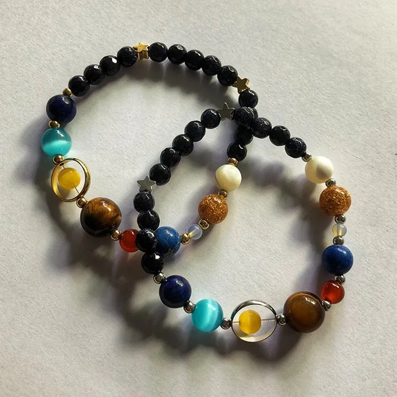 Natural Beads Bracelet - Universe Galaxy Eight Planets in the Solar System Guardian Star