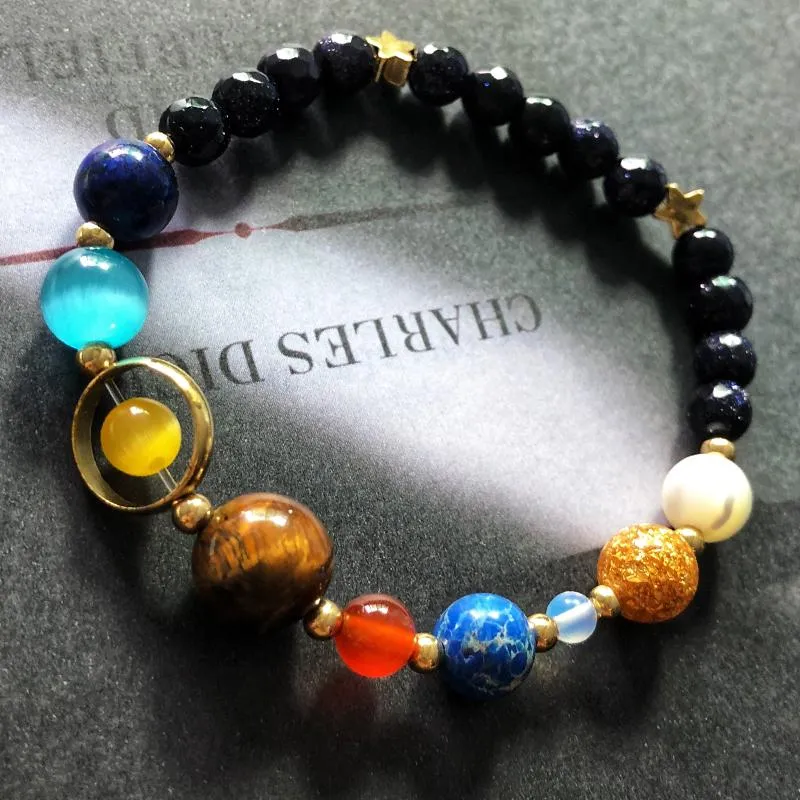 Natural Beads Bracelet - Universe Galaxy Eight Planets in the Solar System Guardian Star