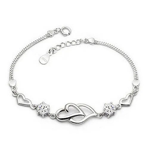 New Summer Style Romantic Double Heart Bracelet Femme Silver Plated Women Wedding Crystal Bracelets Pulseras Fine Jewelry