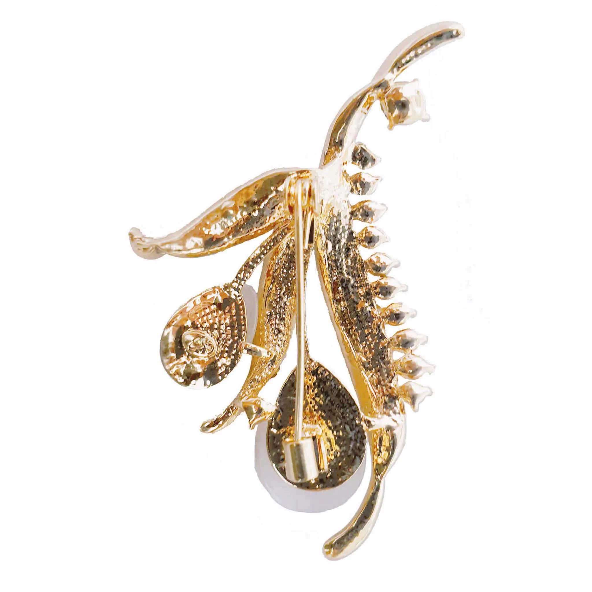 Pearl and Rhinestone Studded Leaf Design Metal Brooch Lapel Pin, Unisex, Gift