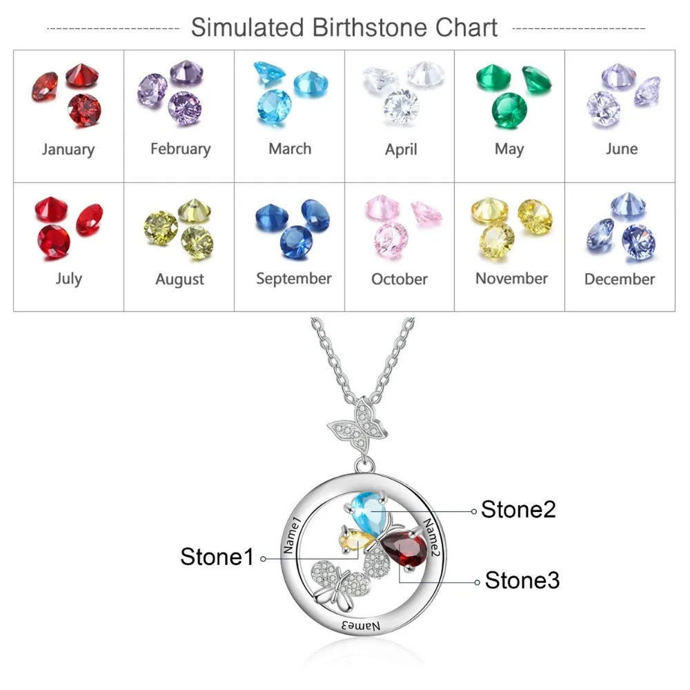 Personalized 3 Names And Stones Engraved Butterfly Necklace