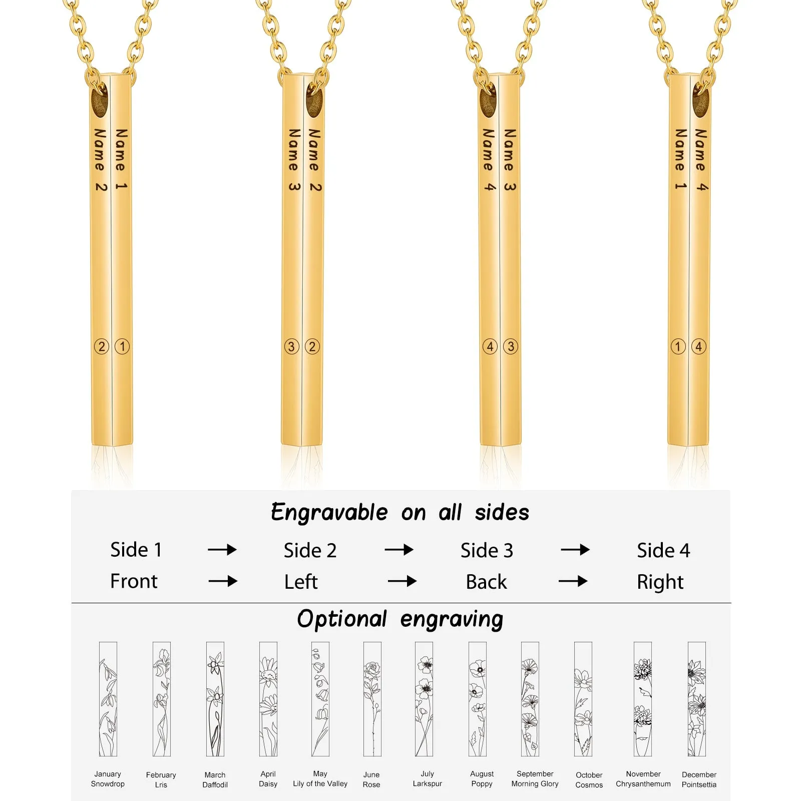 Personalized 4 Side Name Birth Month Flower