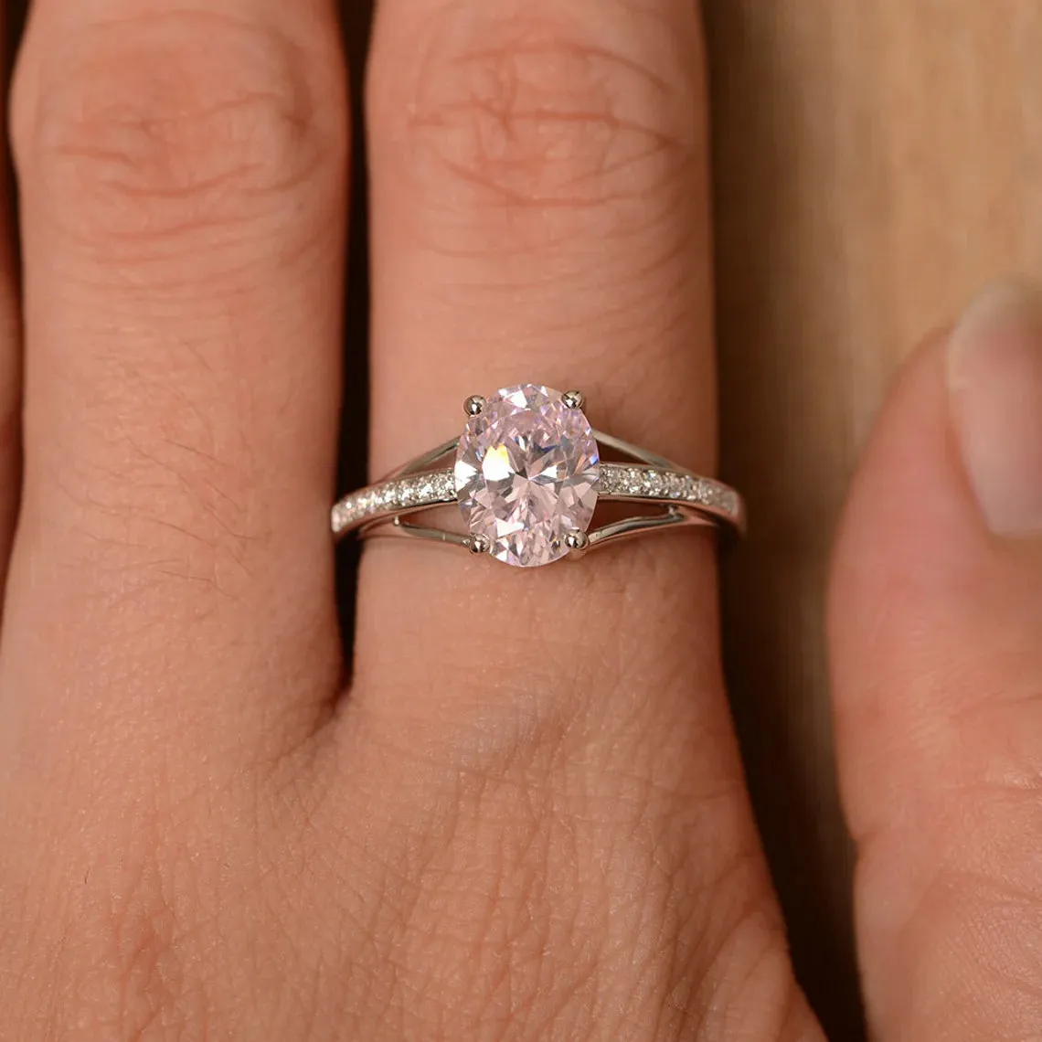 Pink Cubic Zirconia Oval Cut Unique Solitaire Ring - 925 Sterling Silver Ring