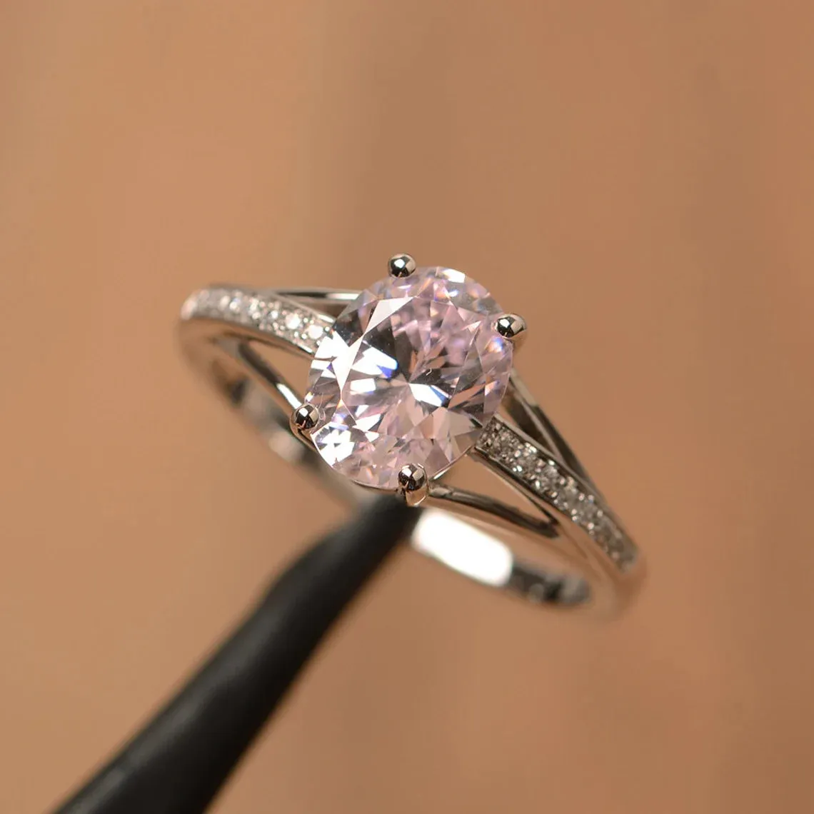 Pink Cubic Zirconia Oval Cut Unique Solitaire Ring - 925 Sterling Silver Ring