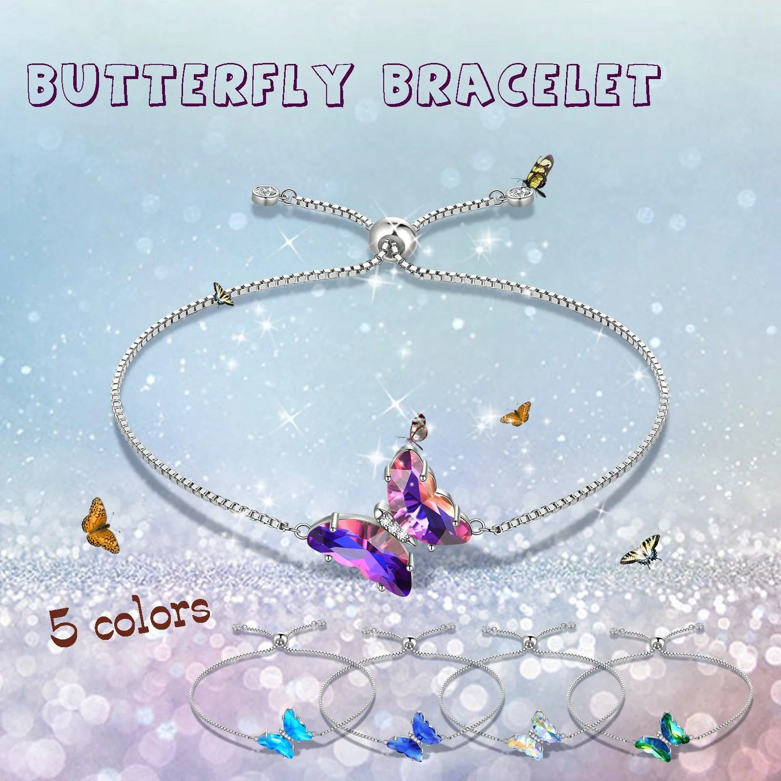 Purple Butterfly Bracelet February Amethyst Birthstone Women Girls Jewelry Birthday Gift