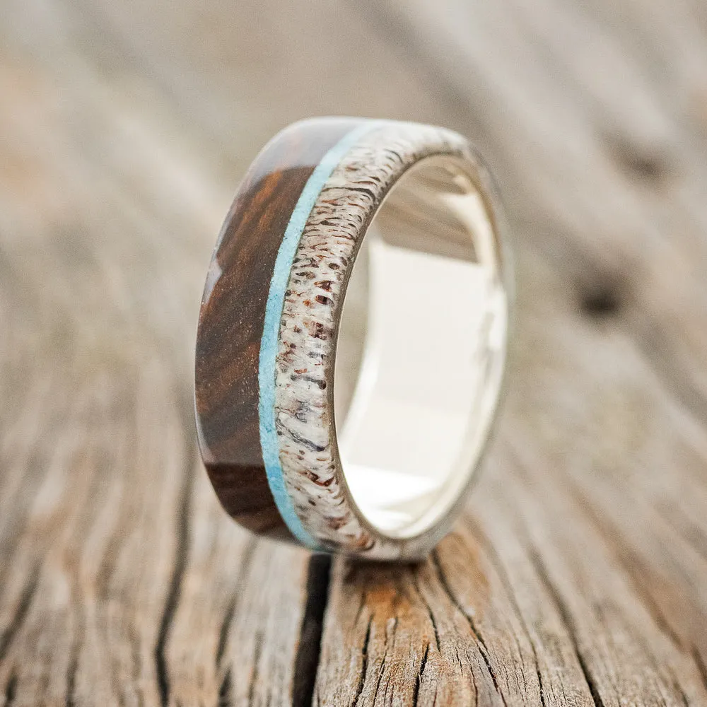 "ARGOS" - IRONWOOD, ANTLER & TURQUOISE WEDDING RING - 14K YELLOW GOLD - SIZE 9 1/4