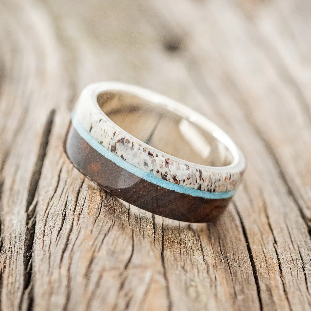 "ARGOS" - IRONWOOD, ANTLER & TURQUOISE WEDDING RING - 14K YELLOW GOLD - SIZE 9 1/4