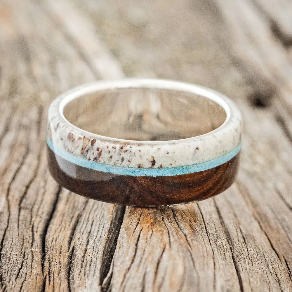 "ARGOS" - IRONWOOD, ANTLER & TURQUOISE WEDDING RING - 14K YELLOW GOLD - SIZE 9 1/4