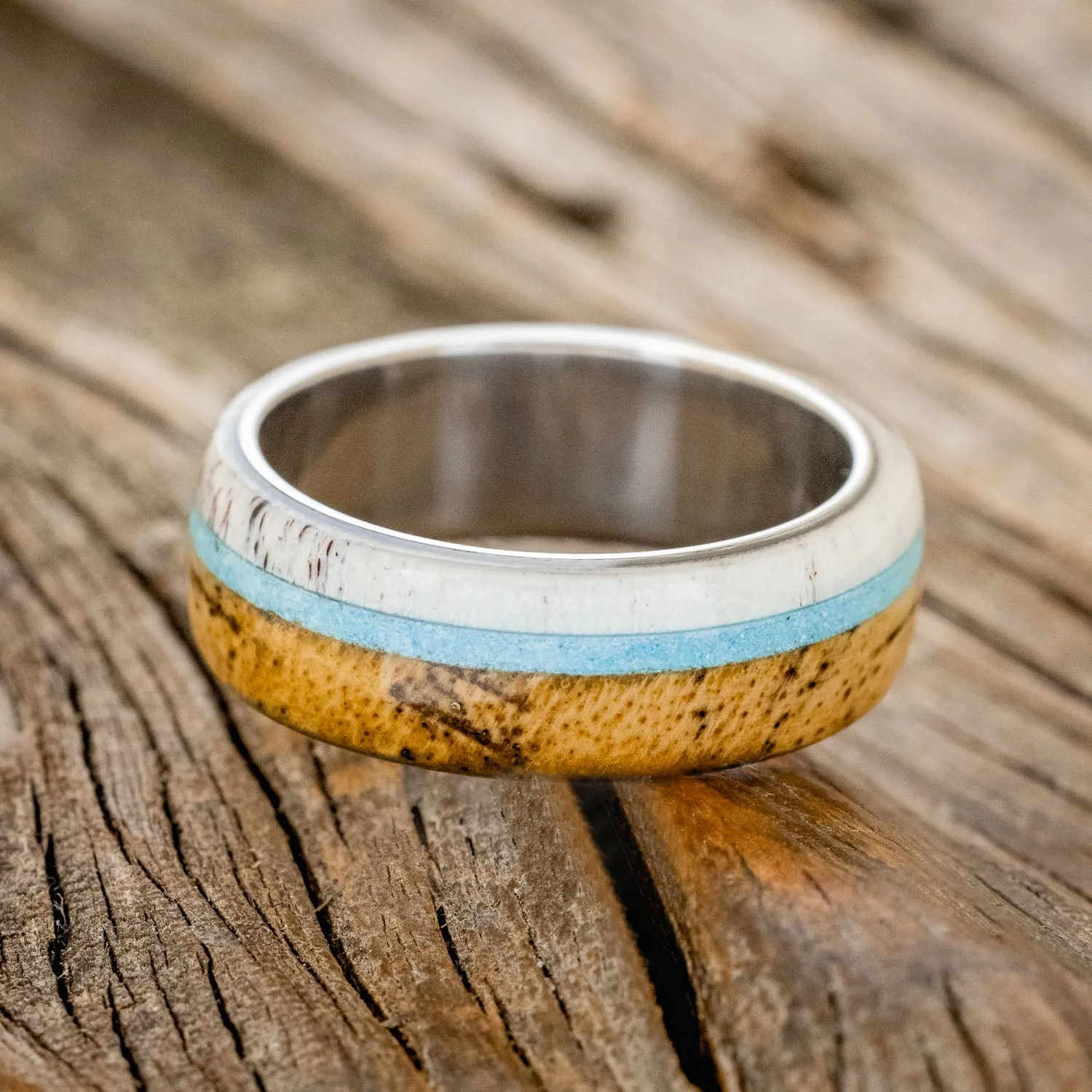 "ARGOS" - SPALTED MAPLE WOOD, ANTLER & TURQUOISE WEDDING BAND - TITANIUM - SIZE 8