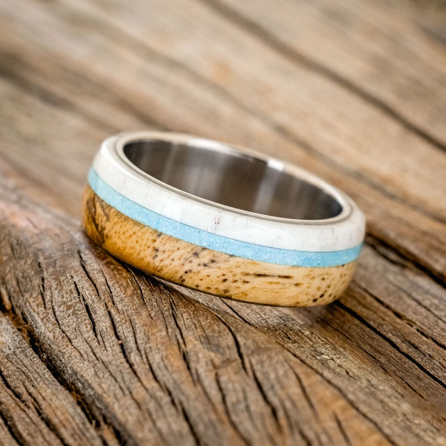 "ARGOS" - SPALTED MAPLE WOOD, ANTLER & TURQUOISE WEDDING BAND - TITANIUM - SIZE 8