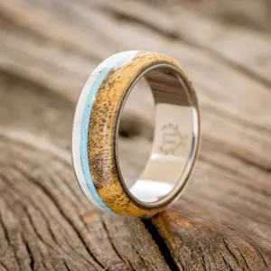 "ARGOS" - SPALTED MAPLE WOOD, ANTLER & TURQUOISE WEDDING BAND - TITANIUM - SIZE 8